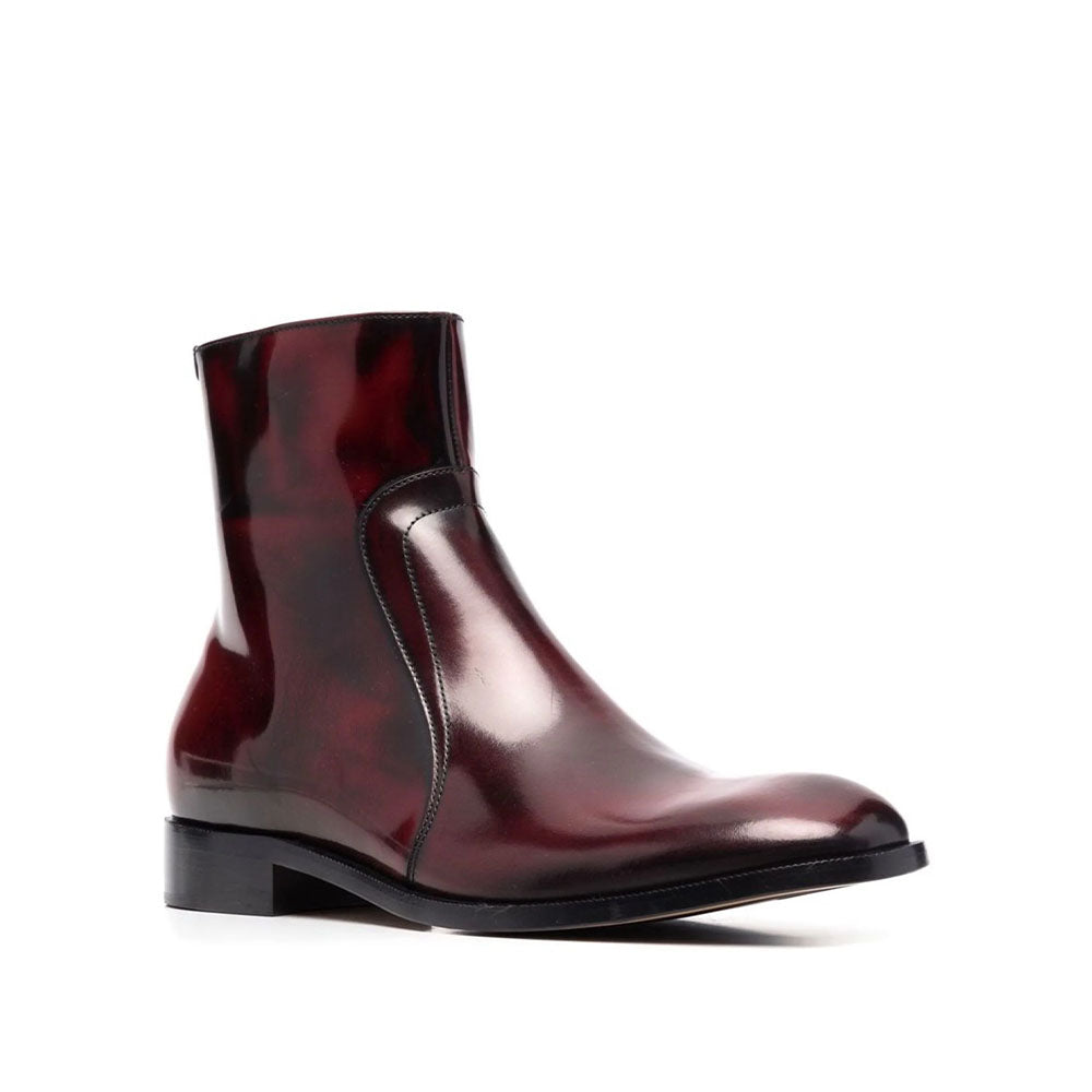 Red Waxed Leather Ankle Boots