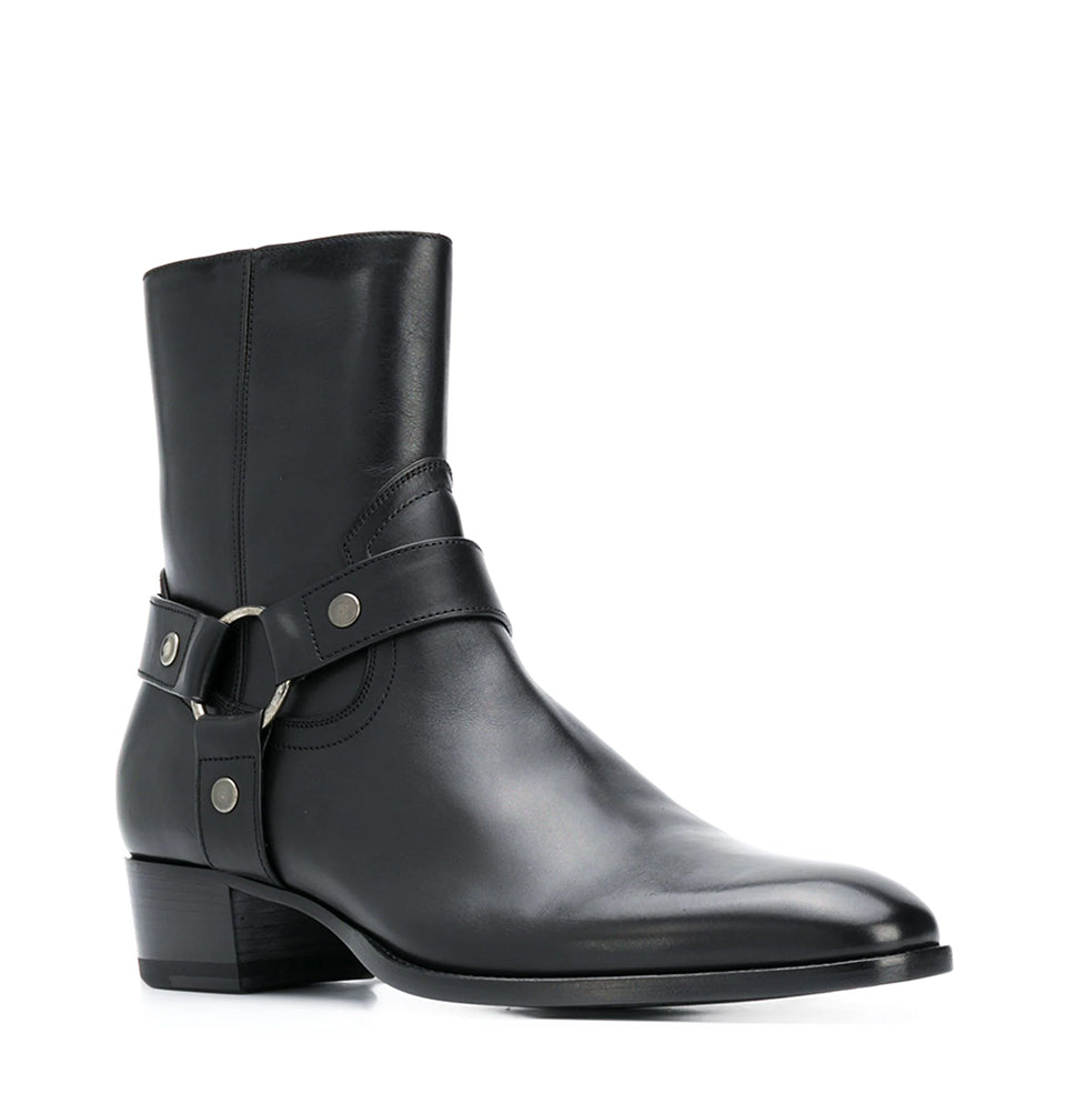 Black Leather Side Buckle  Ankle boots