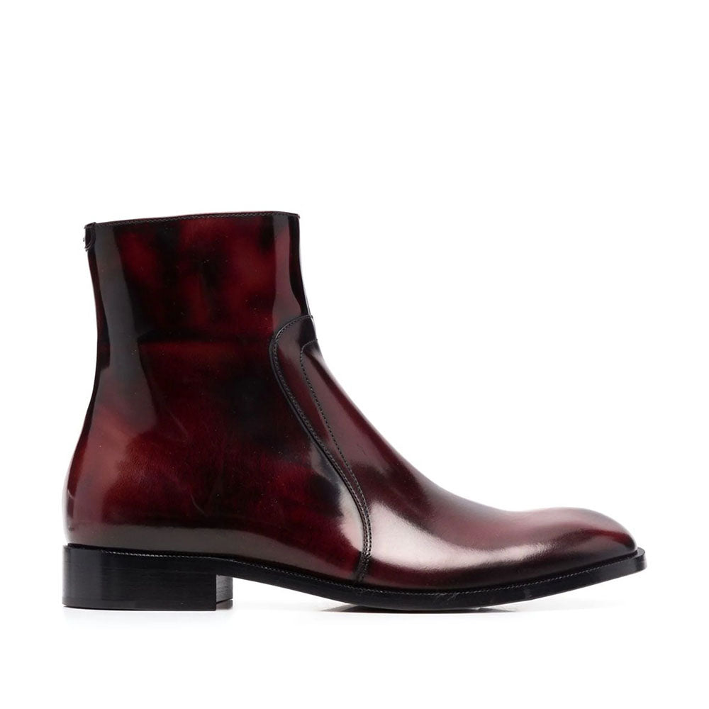 Red Waxed Leather Ankle Boots