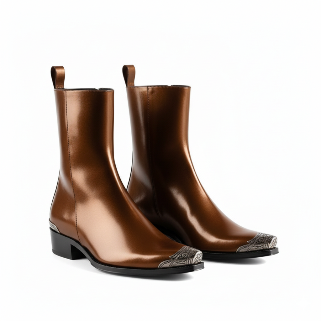 Patent Brown Long Chelsea Boots with Silver Toe