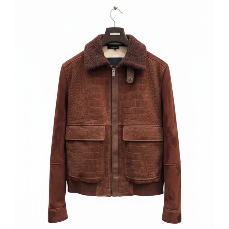 Luxury Rust Croc Shearling Brown Bomber Jacket