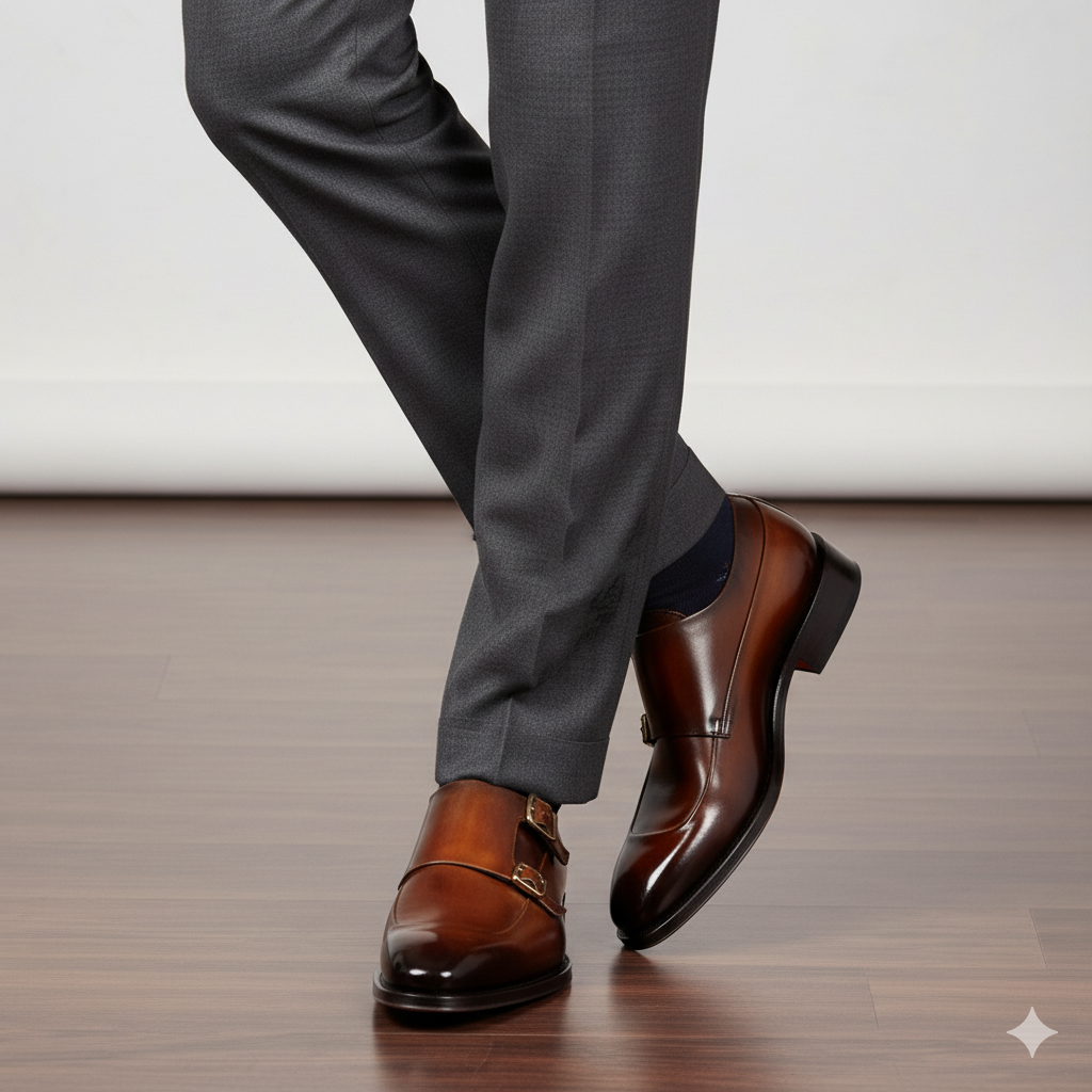 Men Cap-Toe Double Strap Brown Monk Shoe
