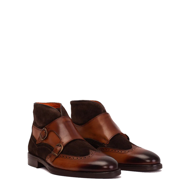 Brown Suede Leather Double Strap Monk Brogue Men Boot