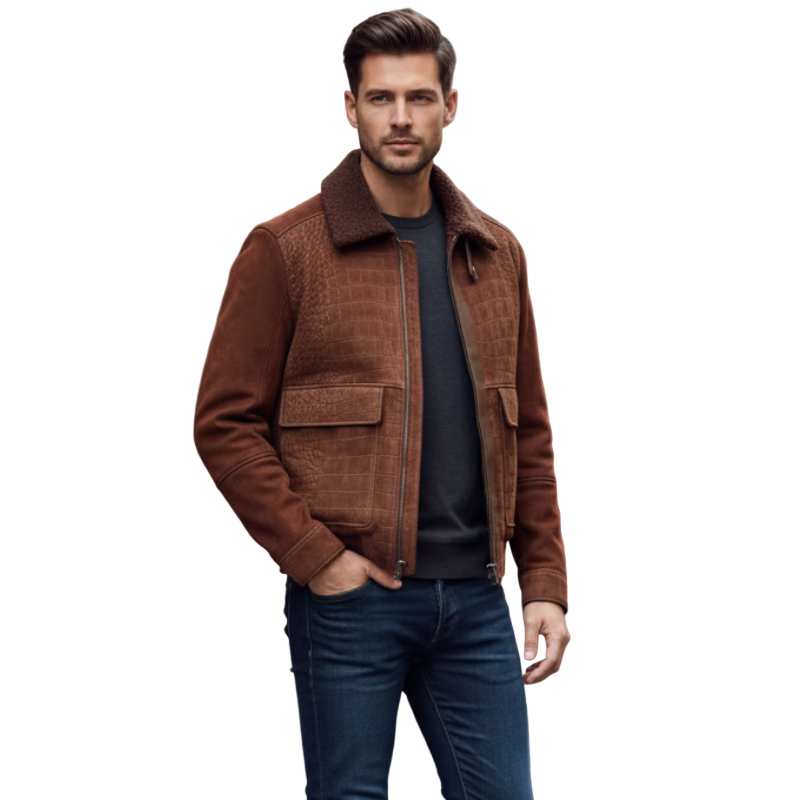 Luxury Rust Croc Shearling Brown Bomber Jacket