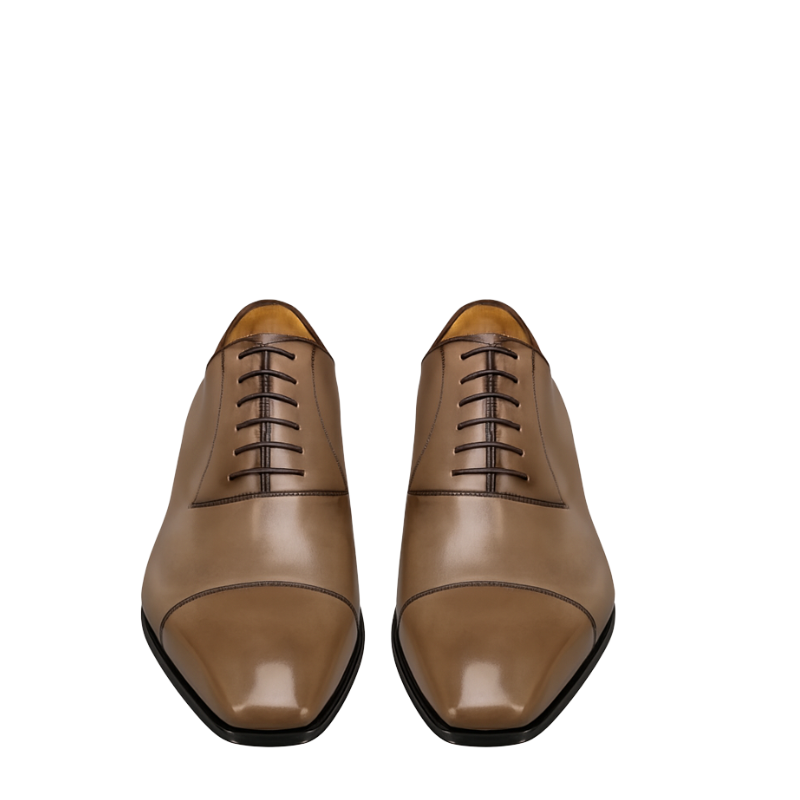 Elegant Polished Leather Brown Oxford Shoes With Cap Toe Closed Lacing
