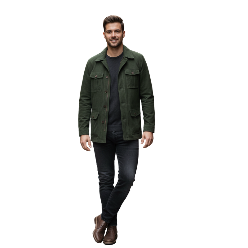 Luxury Dark Green Suede Four Flap Pockets Field Coat