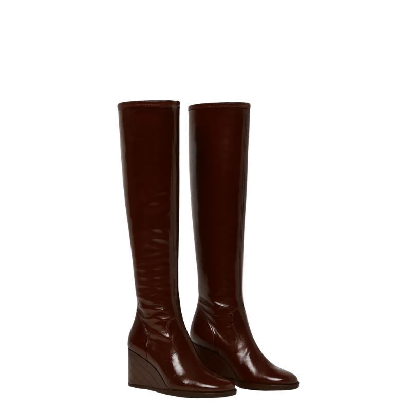 Women's Leather Burgundy Luxury Over the Knee High Boots with Wedge Heel