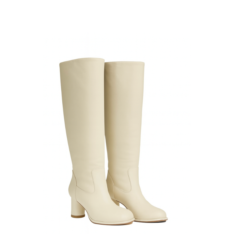 Women's Leather Beige Solid Block Heel Long Boots