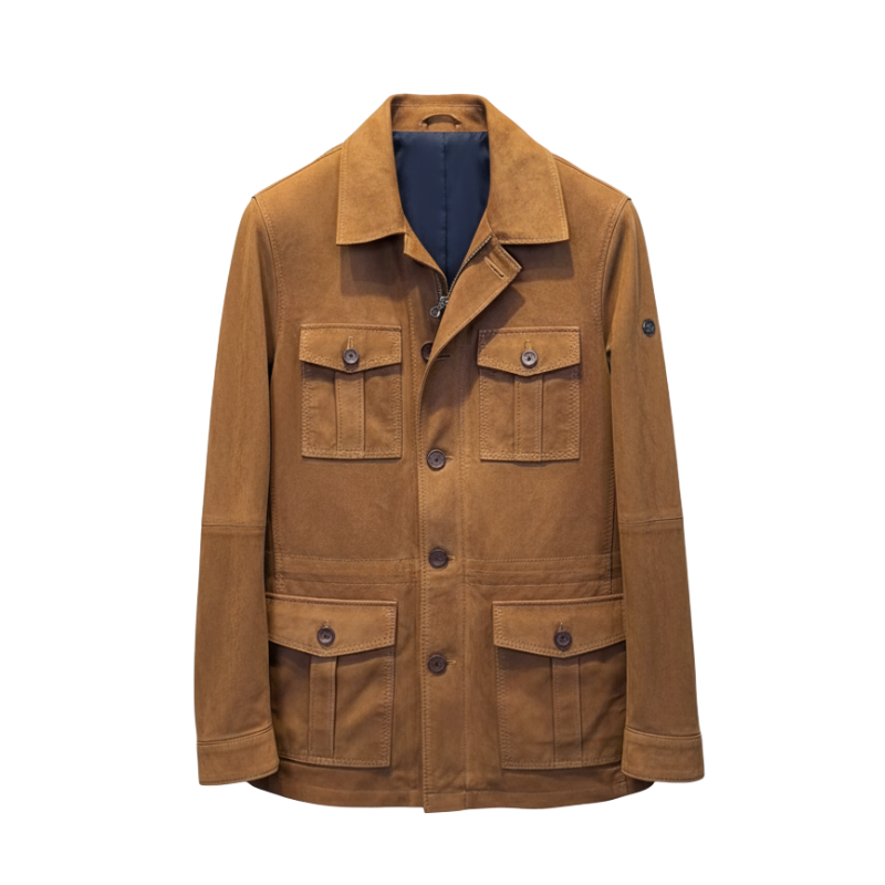 Luxury Brown Suede Four Flap Pockets Field Coat