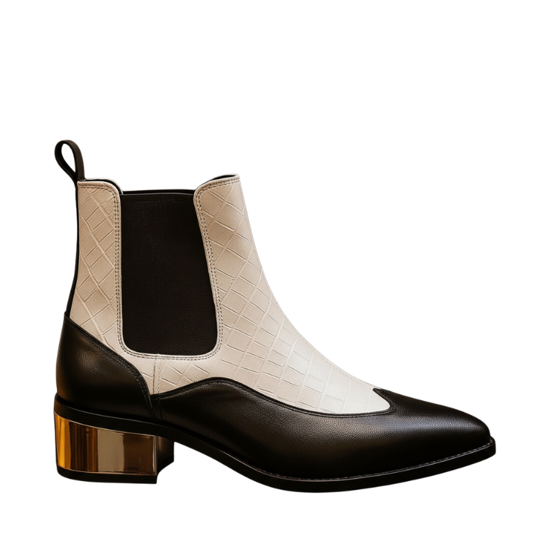 Luxury Black & White Dual-Tone Croco Leather Chelsea Boots with Metallic Gold Heel