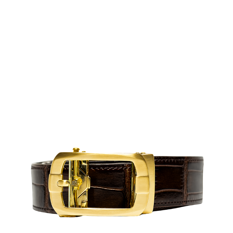 Croco Leather Brown Strap Belt with Golden Autolock Buckle