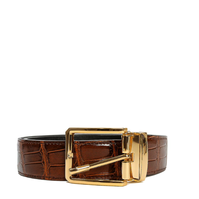 Croco Leather Brown Strap Belt with Golden Reversible Buckle Closure