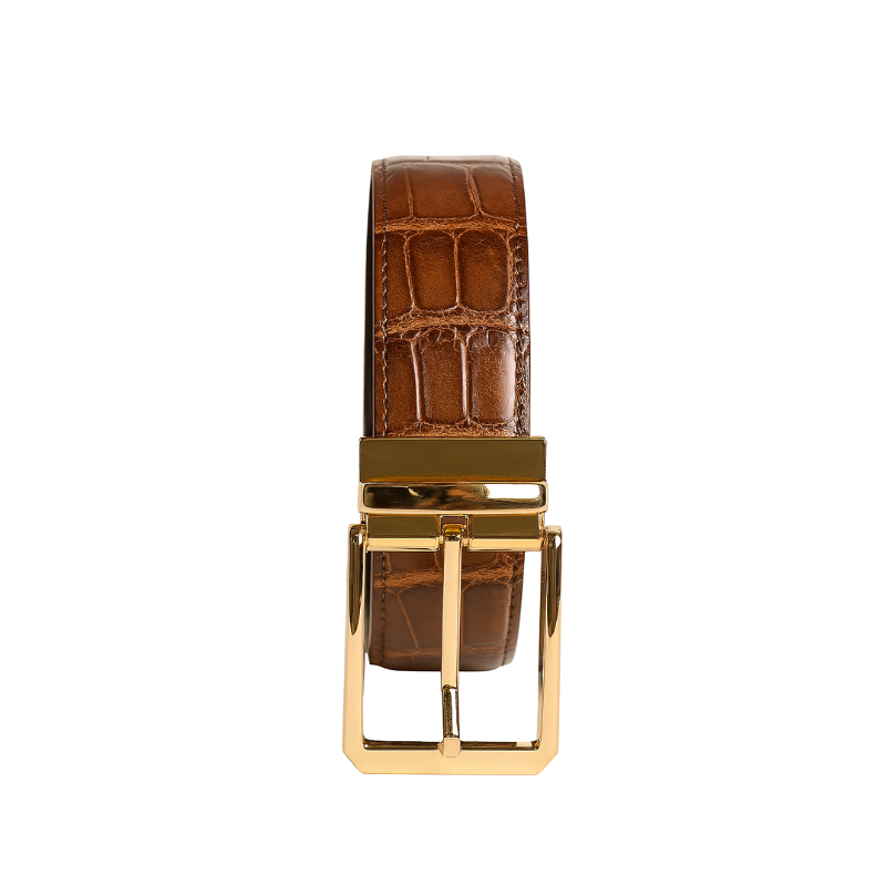 Croco Leather Brown Strap Belt with Golden Reversible Buckle Closure