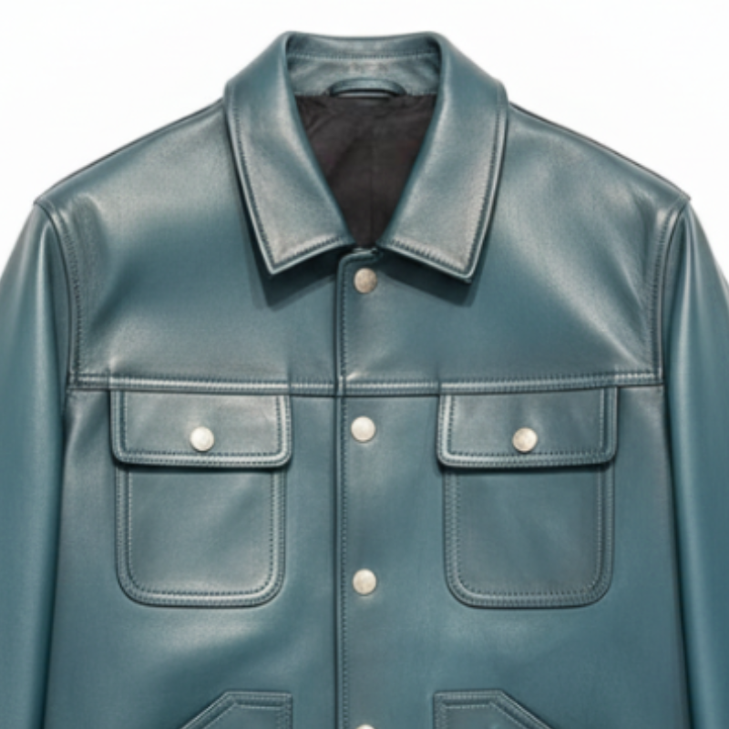 Teal Classic Leather Trucker Jacket