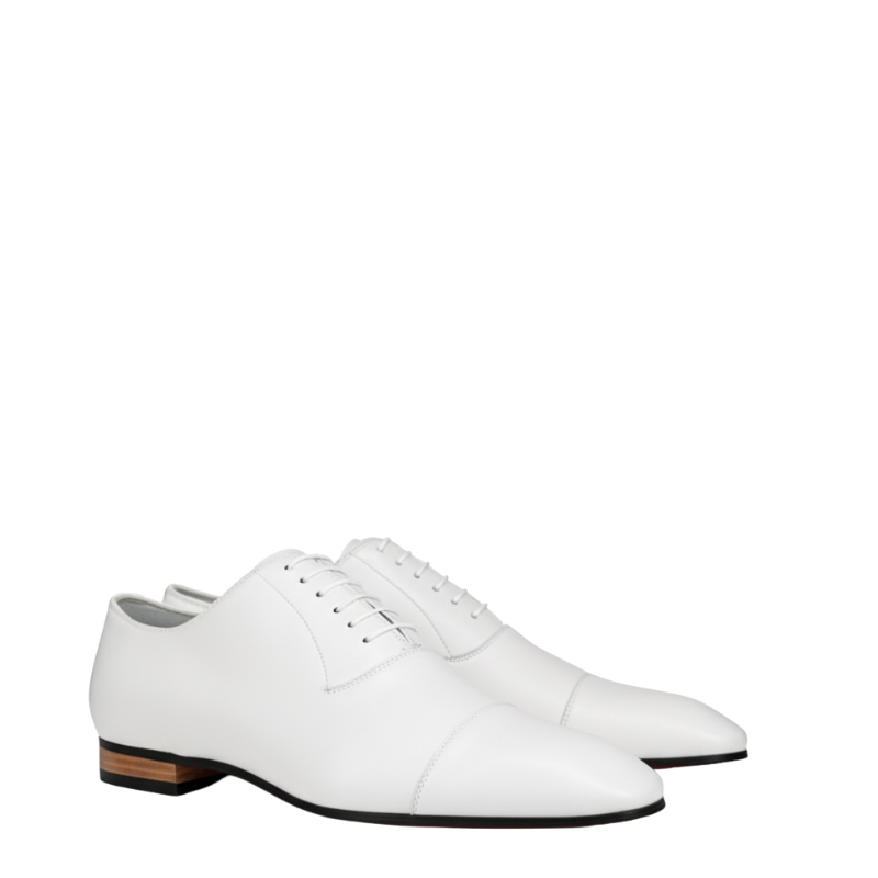 Elegant Polished Leather White Oxford Shoes With Cap Toe Closed Lacing