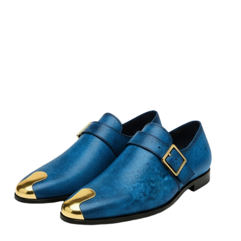 Luxury Oceanic Blue Leather Buckle Loafers With Golden Toe