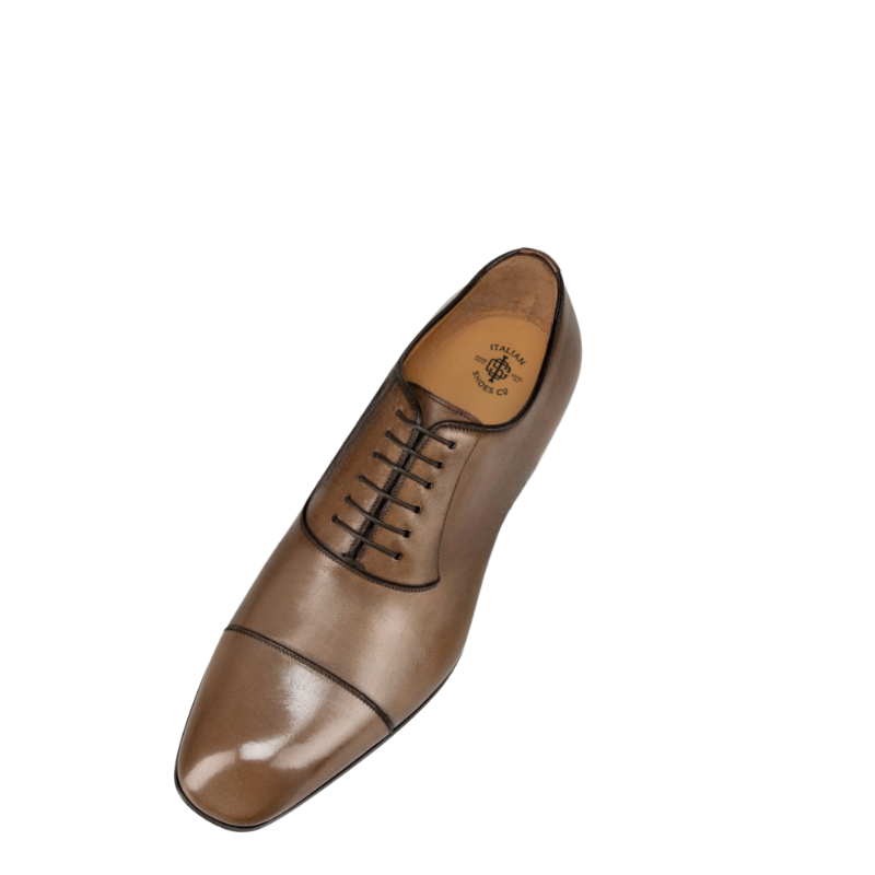 Elegant Polished Leather Brown Oxford Shoes With Cap Toe Closed Lacing