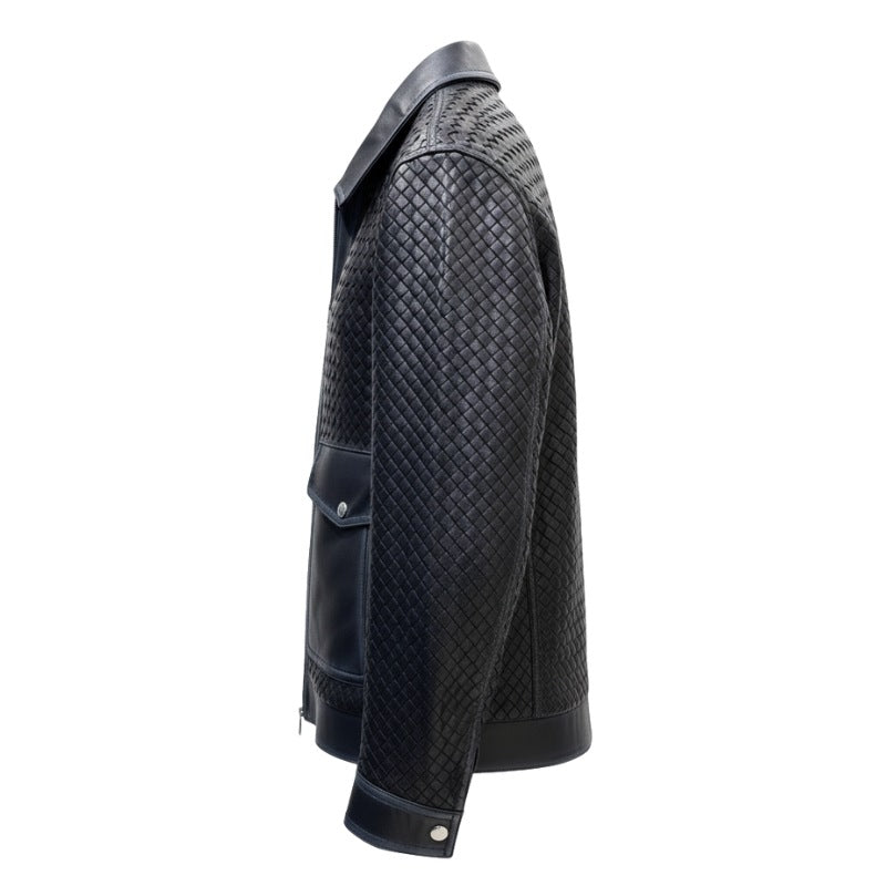 Luxury Black Woven Textured Leather Jacket