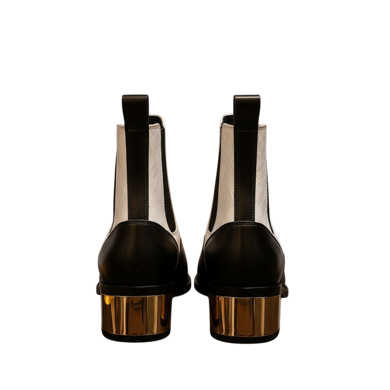 Luxury Blue & White Dual-Tone Croco Leather Chelsea Boots with Metallic Gold Heel