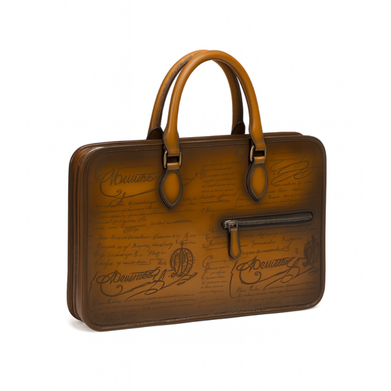 Luxury Handcrafted Printed Leather Brown Briefcase