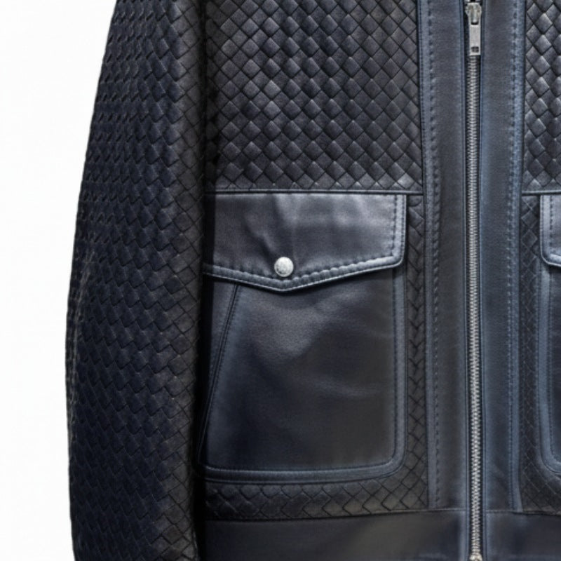 Luxury Black Woven Textured Leather Jacket