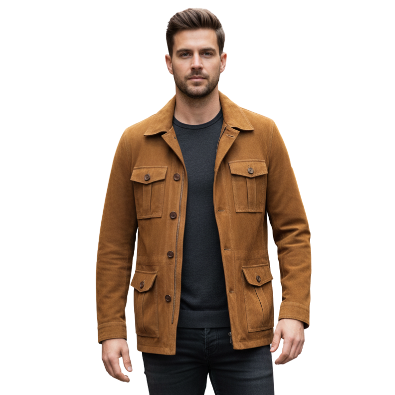 Luxury Brown Suede Four Flap Pockets Field Coat