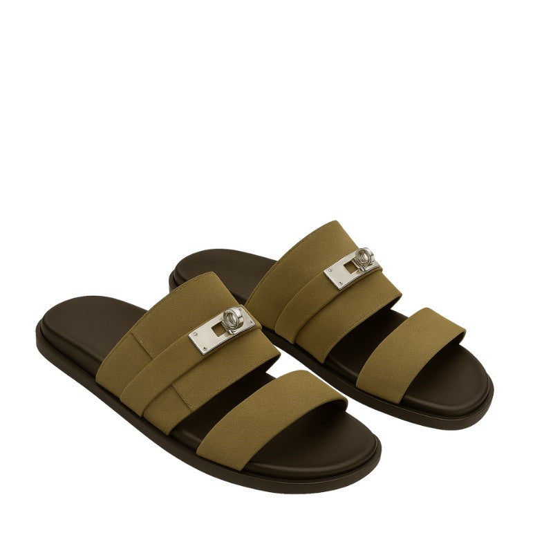 Multi-Strap Olive Suede Comfortable Slipper