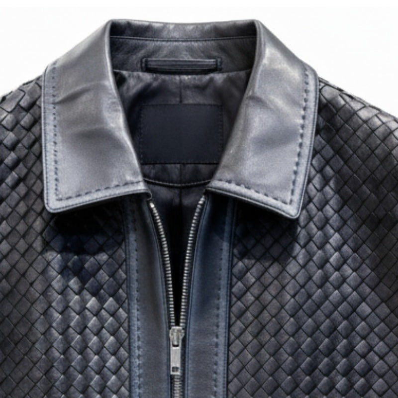 Luxury Black Woven Textured Leather Jacket