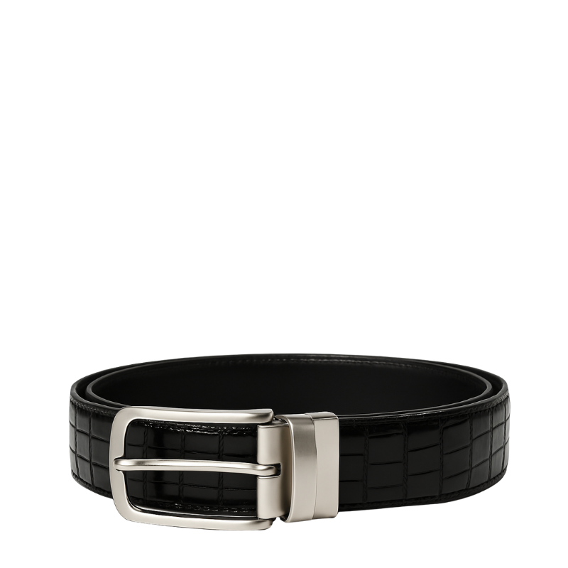 Croco Textured Leather Black Strap Belt with Silver Reversible Buckle Closure