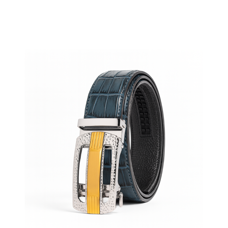 Croco Leather Blue Strap Belt with Silver Dual Shade Textured Autolock Buckle