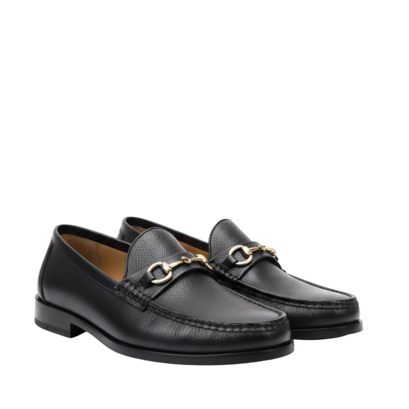Black Pebbled Horsebit Leather Loafers