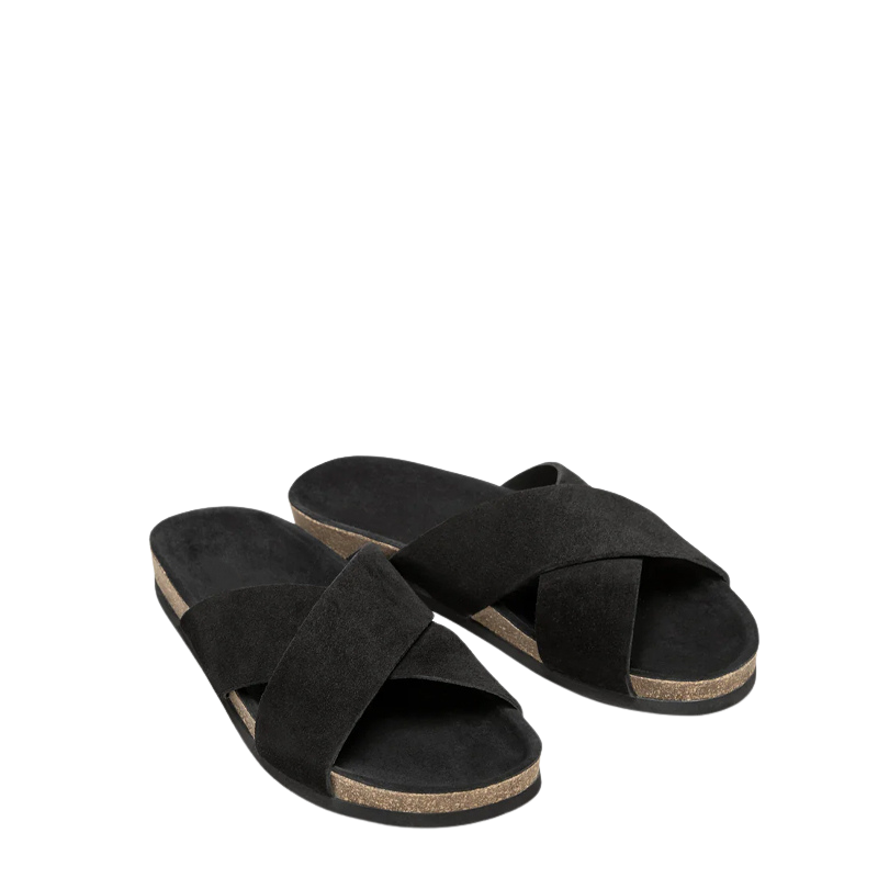 Men's Cross Strap Suede Black Comfort Slipper