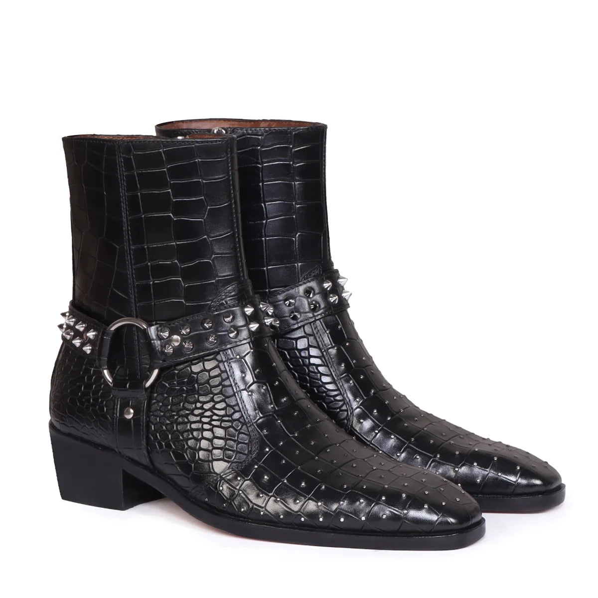 Deep Cut Croco Leather Side-Zipper Boots
