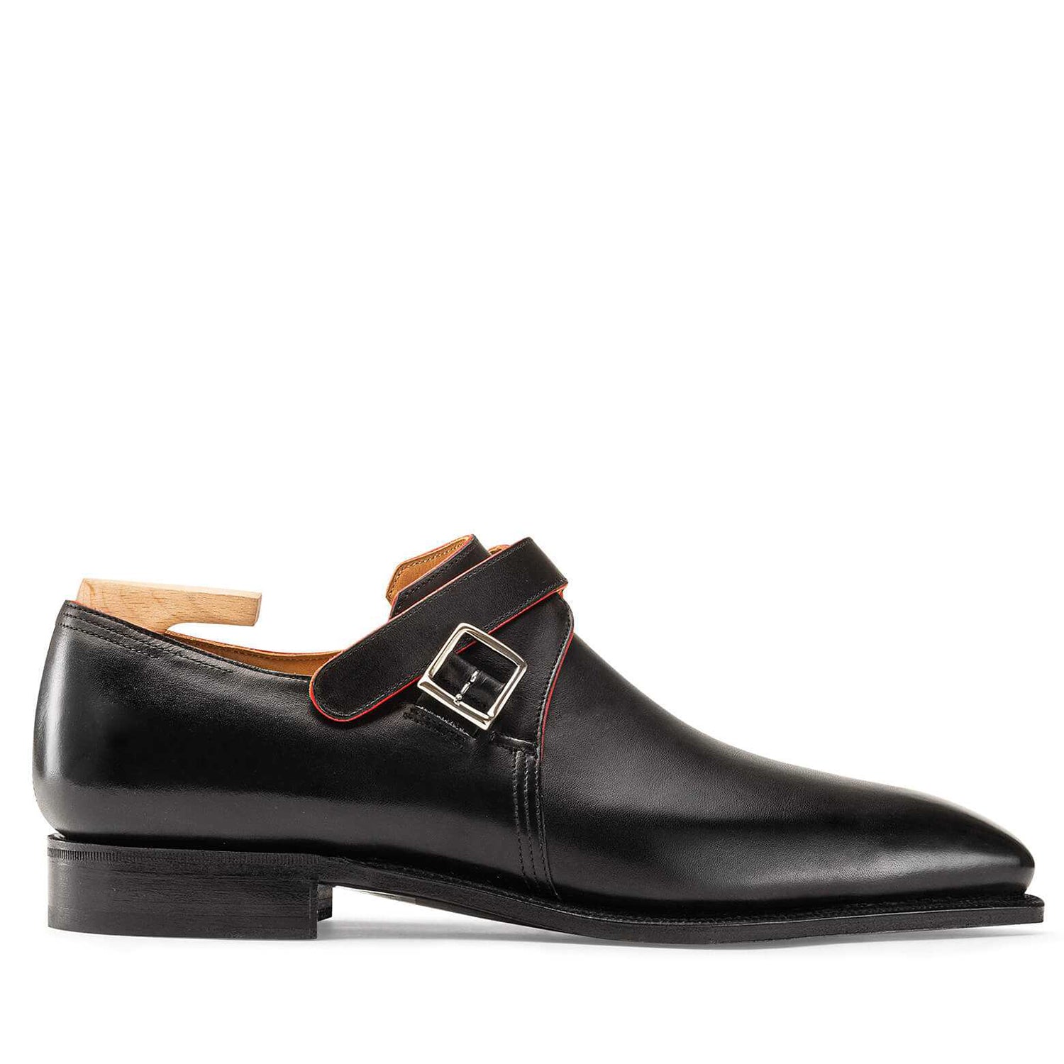 Red Lining Calf Leather Black Shoe With Buckle