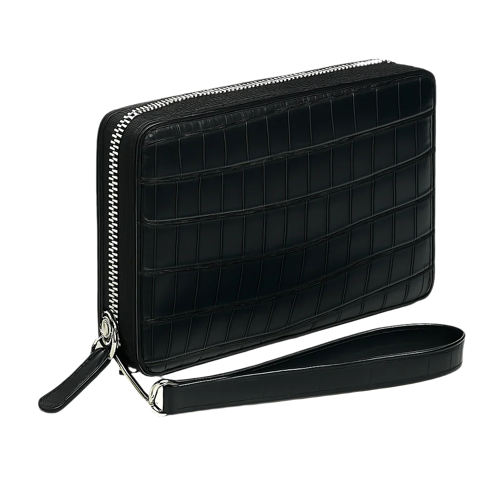 Croco Black Textured Around Zip Wallet