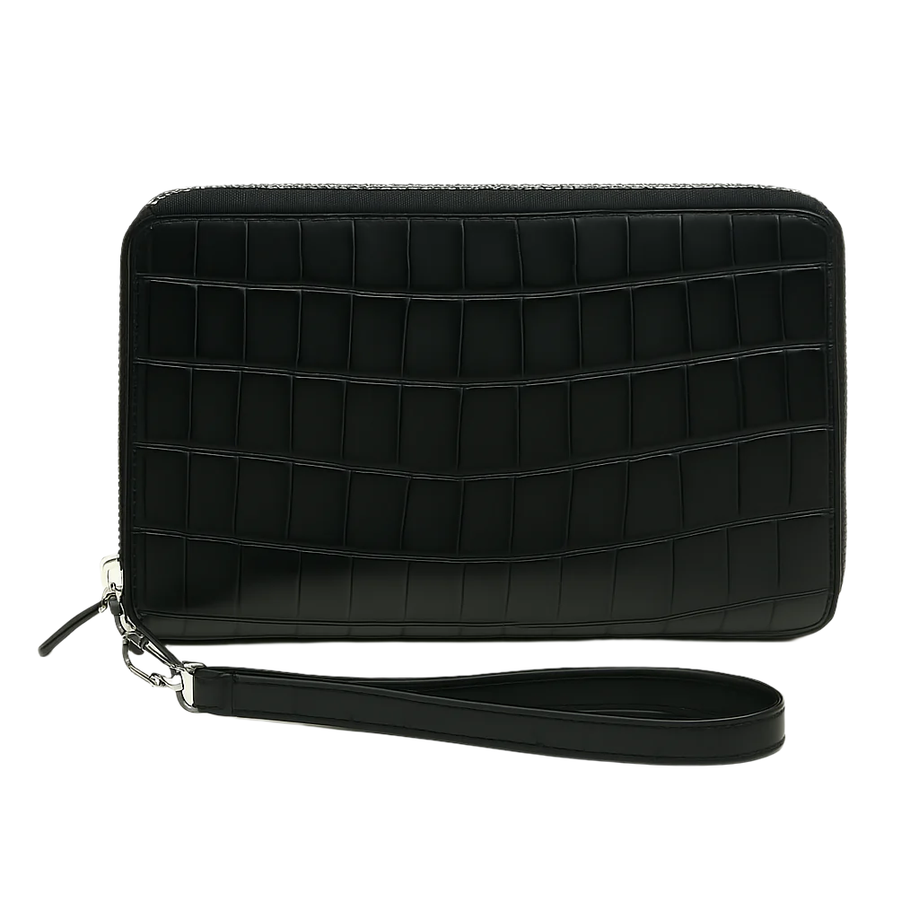 Croco Black Textured Around Zip Wallet