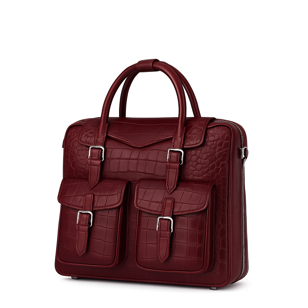 Italian Croco Leather Front Pocket Burgundy Briefcase Bag