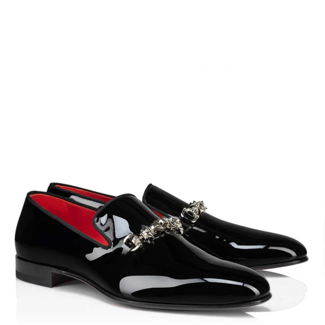 Italain Black Leather Loafers with Metallic Ornament