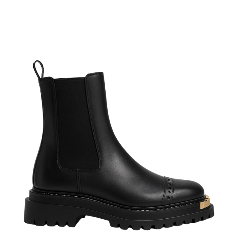 Luxury Black Ankle Boots for Womens with Gold-accent Toe Detail