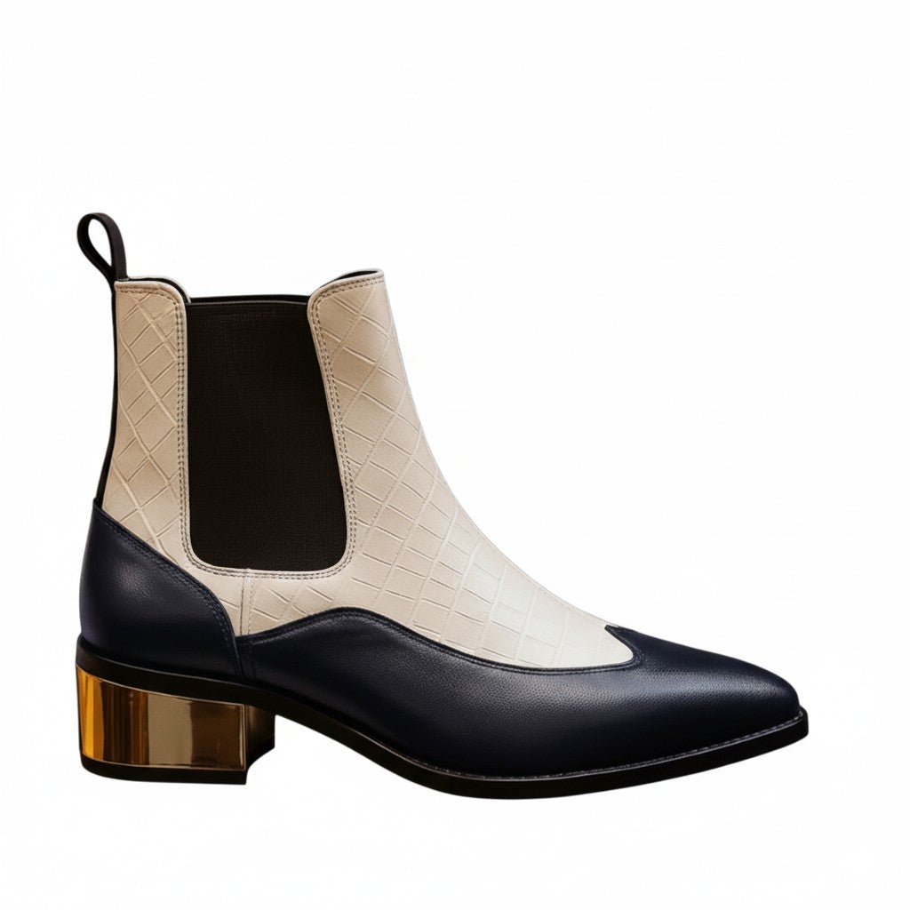 Luxury Blue & White Dual-Tone Croco Leather Chelsea Boots with Metallic Gold Heel