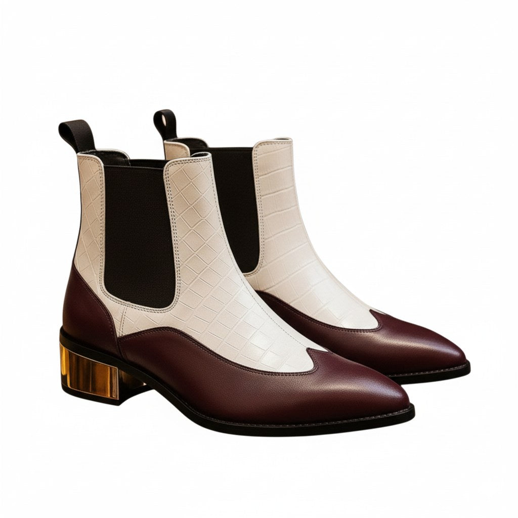 Luxury Burgundy & White Dual-Tone Croco Leather Chelsea Boots with Metallic Gold Heel