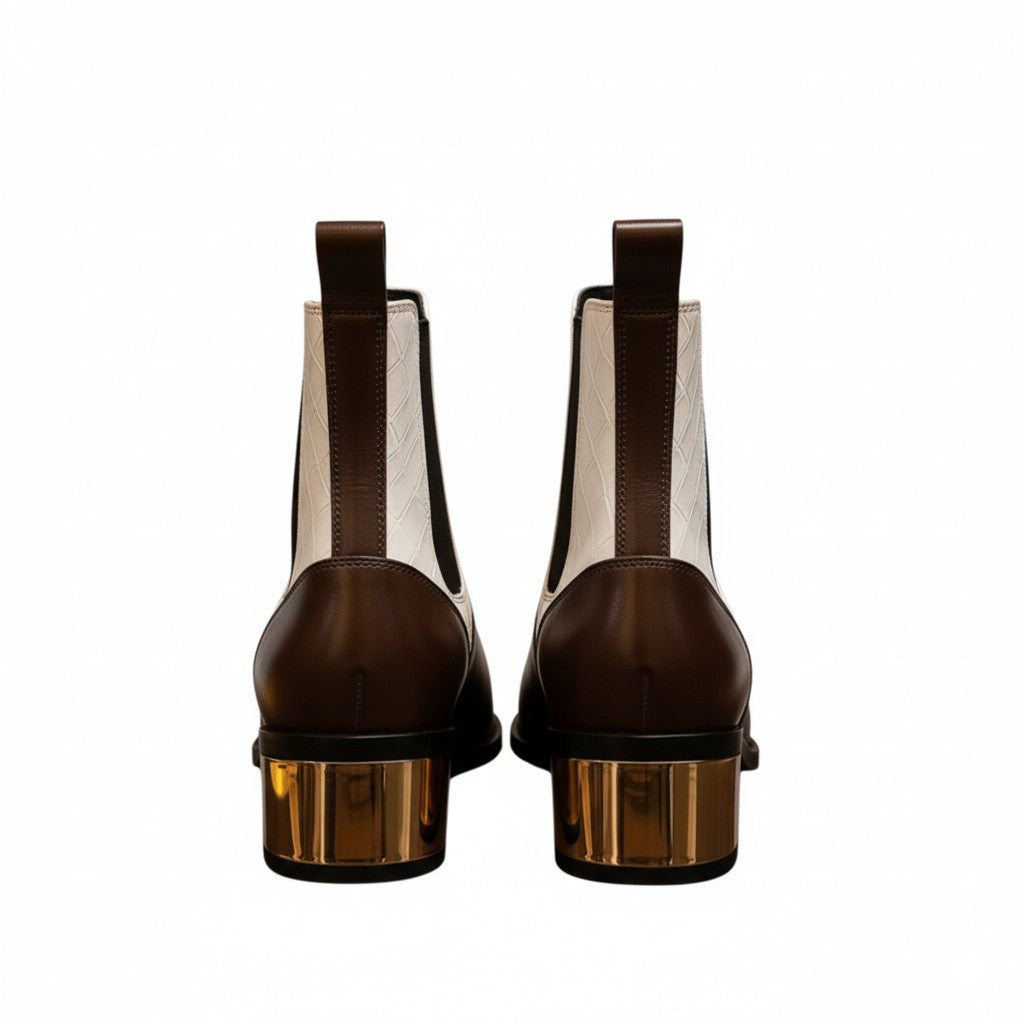 Luxury Blue & White Dual-Tone Croco Leather Chelsea Boots with Metallic Gold Heel