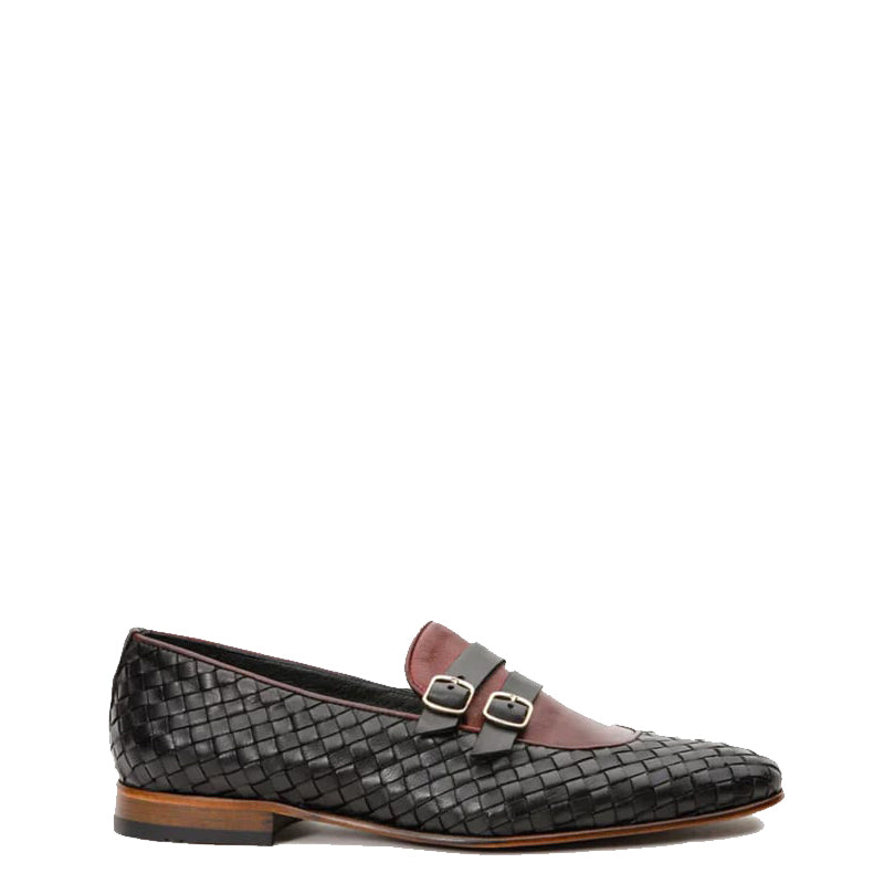 Black Double Monk Strap Woven  Men Shoe