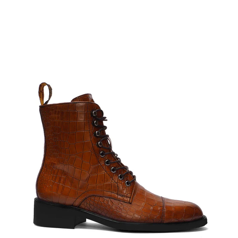 Croco Leather Lace-Up High Ankle Boot Tan