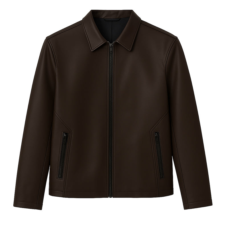 Men's Plain Casual Tan Leather Jacket with Collar