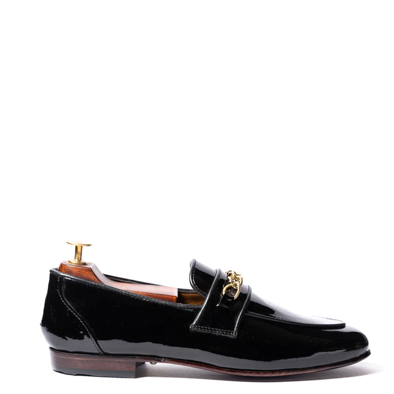 Classic Patent Shiny Leather Chained Black Loafer
