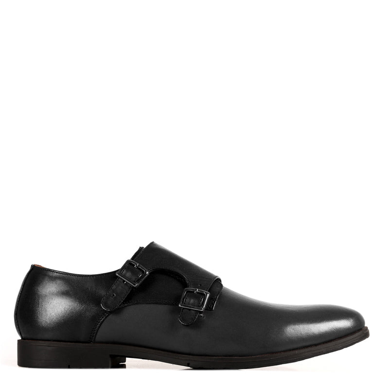Leather Double Monk Strap Black and Gray Shoe For Men
