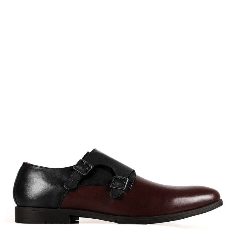 Leather Double Monk Strap Black and Burgundy Shoe For Men