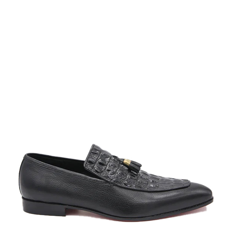 Croco Print Leather Tassel Black Loafer For Men