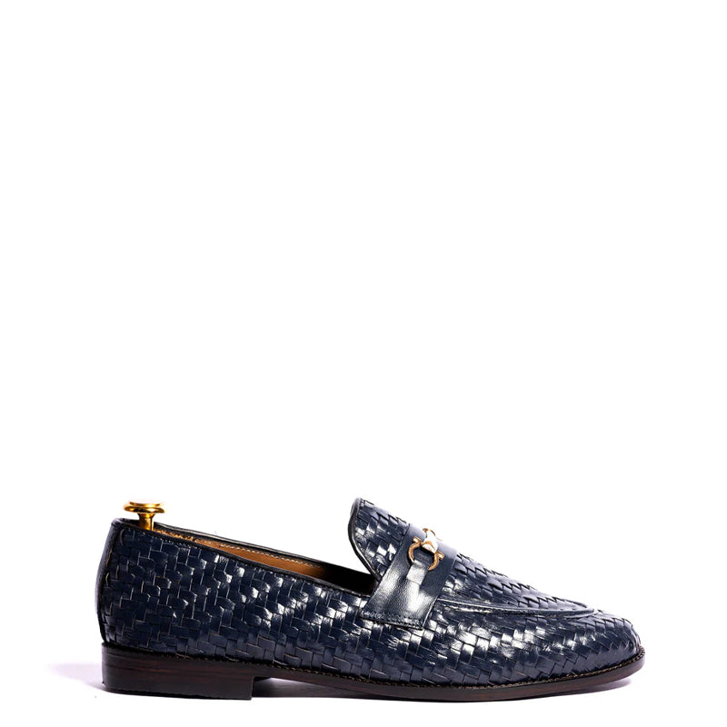 Pure Leather Weaved Horsebit Buckled Blue Loafer